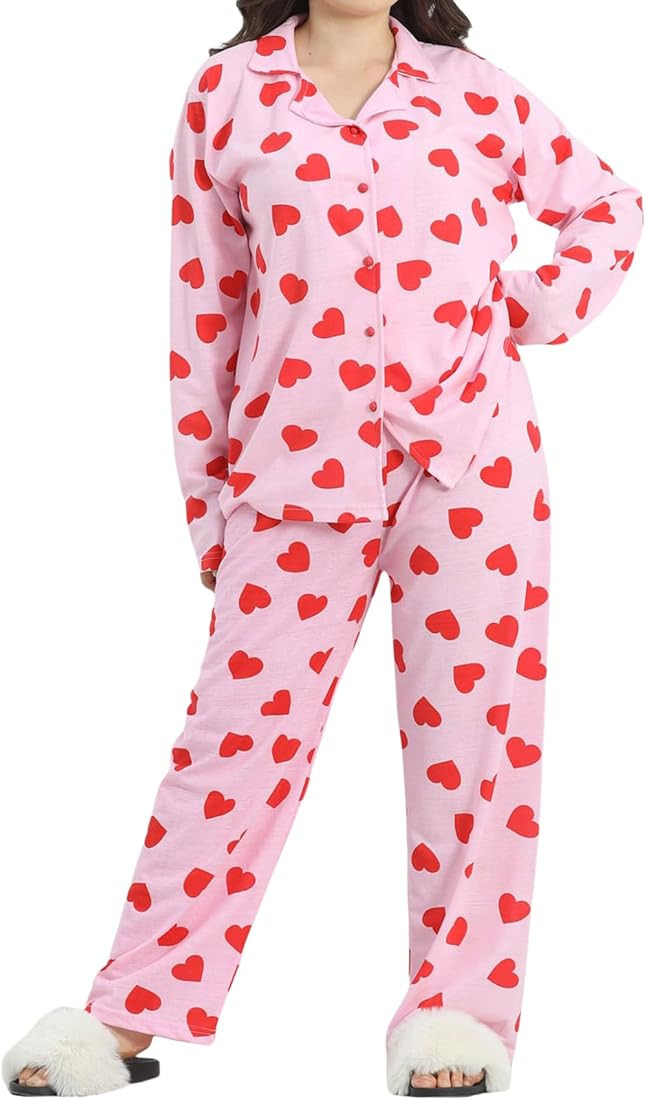 Aopwsrlyi Plus Size Pajamas for Women Valentines Day Heart Pajama Set Long Sleeve Button Up Shirt... | Amazon (US)
