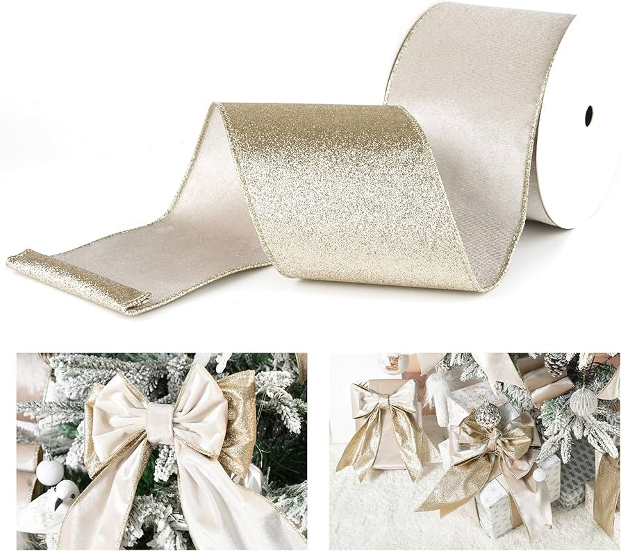 Champagne Velvet Wired Ribbon with Glitter Back 4 Inch Ivory and Gold Christmas Wired Ribbon for ... | Amazon (US)