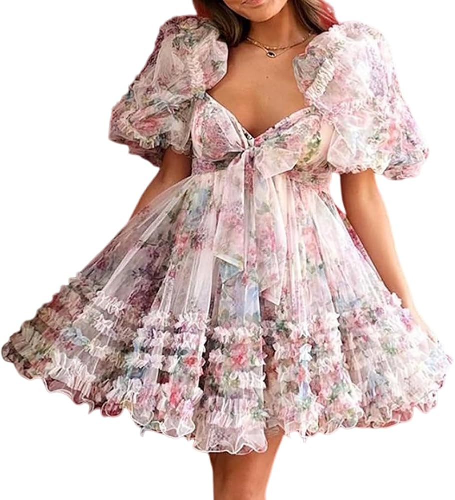 Puffy Sleeves Tulle Homecoming Dresses for Teens Tiered A Line Short Prom Dresses Printed Cocktai... | Amazon (US)