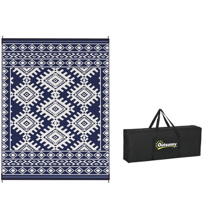 Outsunny Outdoor Patio Rug, Large Camping Carpet with Carrying Bag, 9' x 12' Waterproof Plastic Straw, Reversible, Blue & White Rhombus Border | Target