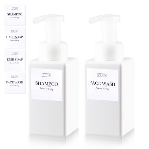 ZEJIA 15OZ Foaming Soap Dispenser, 2-Pack Plastic Hand Soap Dispenser, Refillable Leakproof Foam Pump Bottle with Waterproof Labels, for Shampoo, Body Wash | Amazon (US)
