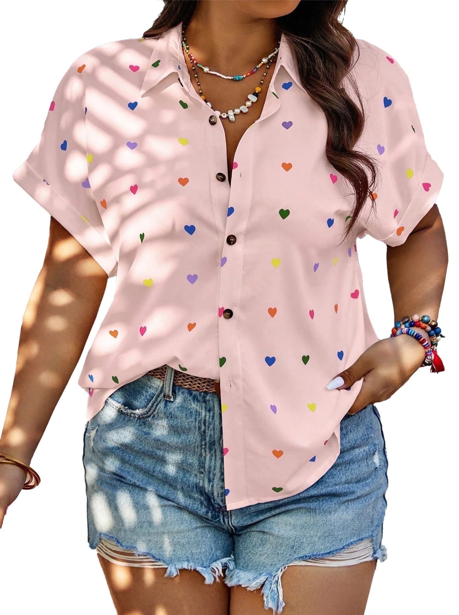 SOMER Woman Blouse Plus Size Short Sleeve Casual Tops Heart Print Button Down Shirts For Women | Walmart (US)