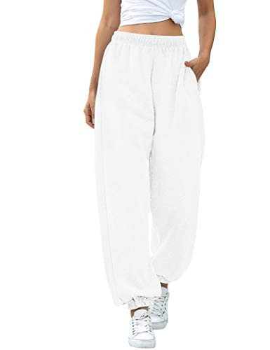 HeSaYep Women's High Waisted Sweatpants Workout Active Joggers Pants Baggy Lounge Bottoms,White S | Amazon (US)