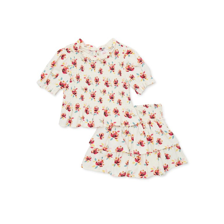 Wonder Nation Baby and Toddler Girls Short Sleeve Top and Skirt, 2 Piece Outfit Set, Sizes 12M-5T... | Walmart (US)