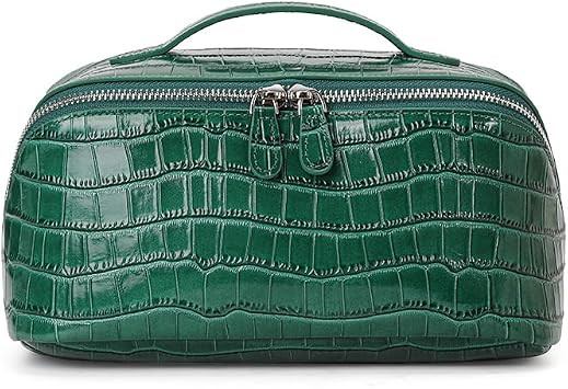 Genuine leather cowhide women's makeup bag, jewelry box, storage bag, large-capacity toiletries bag, pillow-shaped toast bag, travel handbag (Emerald Green,crocodile pattern) | Amazon (US)