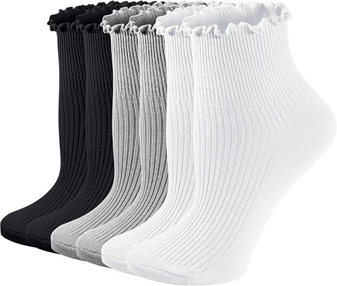 NORMOV 6 Pairs Cute Ruffle Socks For Women,Cotton Crew Frilly Ankle Socks,Lace Casual Boot Socks | Amazon (US)