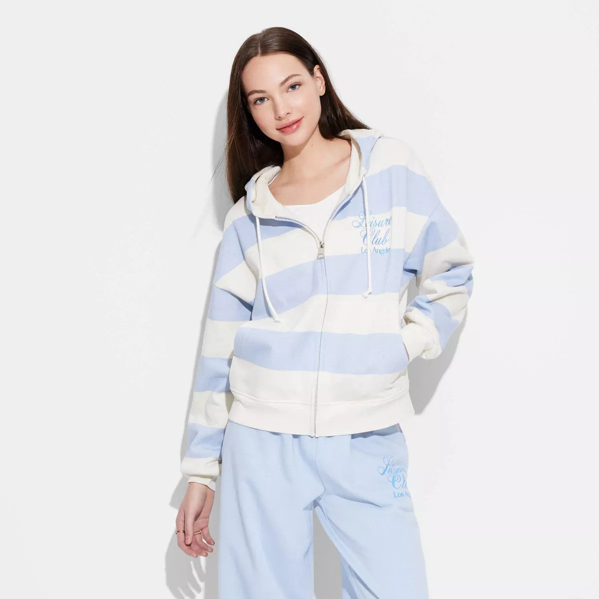 Women's Leisure Zip-Up Striped Graphic Hoodie Sweatshirt - Blue | Target