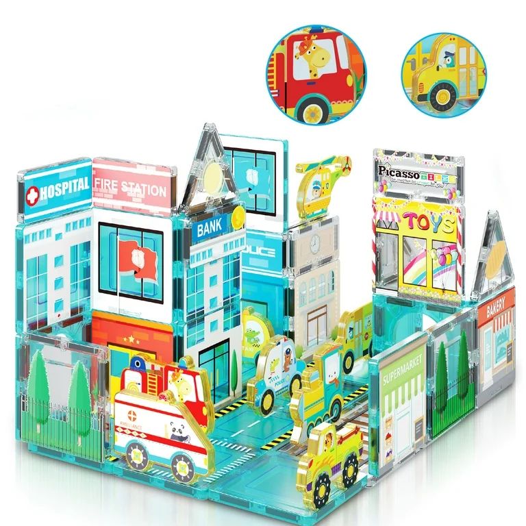 PicassoTiles Magnetic Tiles Building Construction Blocks Metro City Town with 8 Magnet Car - Walm... | Walmart (US)