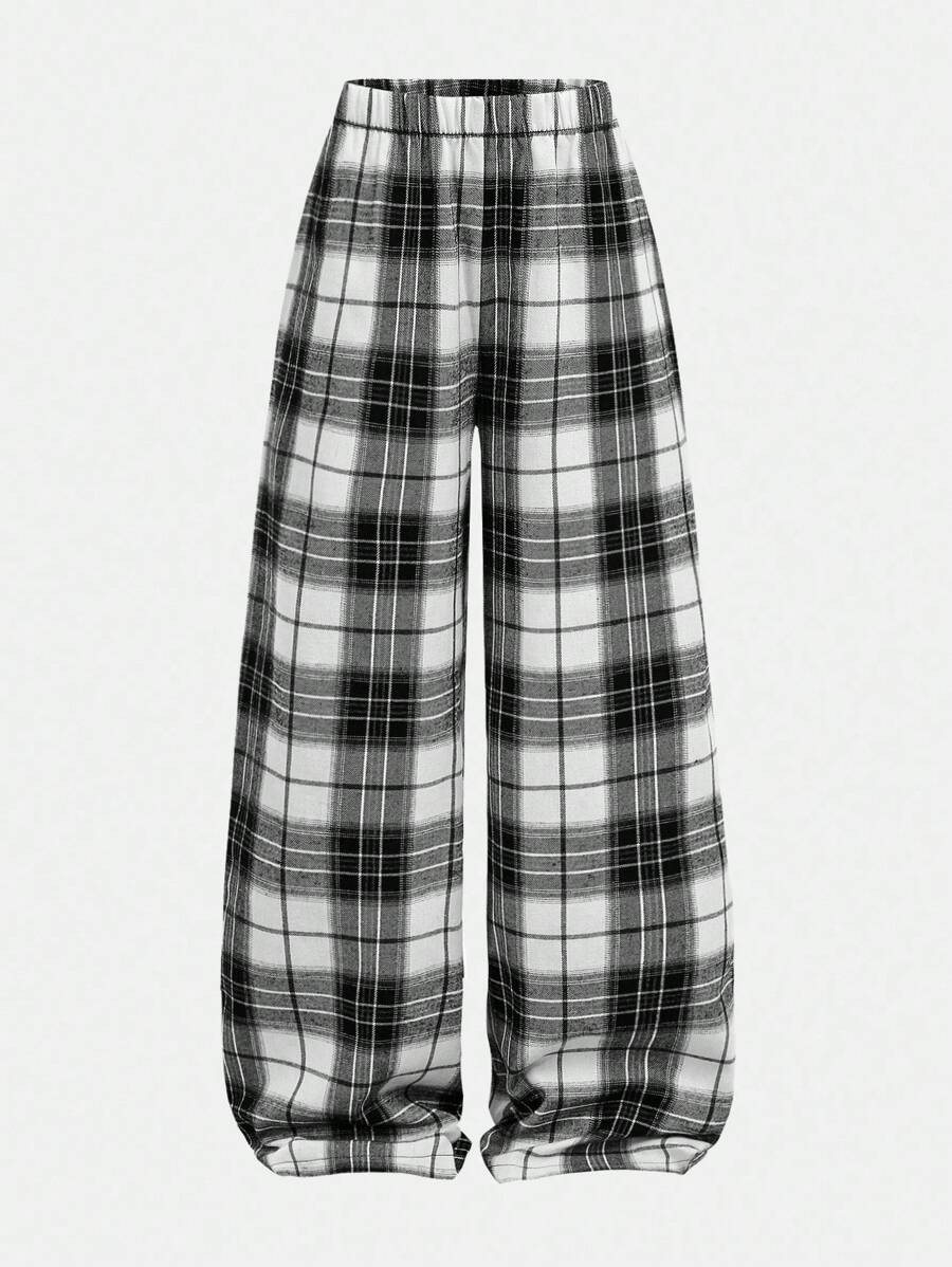 Girlism Teen Girls Plaid Autumn Pants,Back-To-School Winter White Black Checkered Wide Leg Sports... | SHEIN