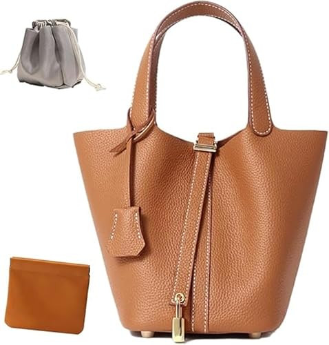 Women's Genuine Leather Bucket Bag: Large Capacity Soft Leather Tote with Lock Stylish Versatile Daily Use Shoulder Handbag (Brown) | Amazon (US)