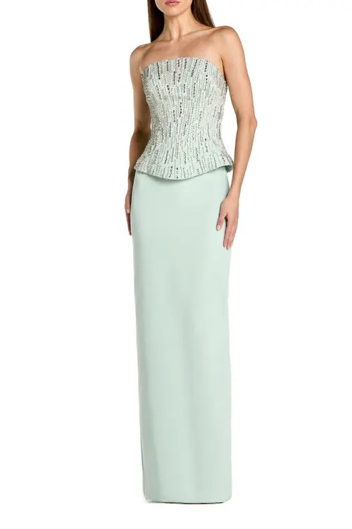 Mac Duggal Crepe Embellished Corset Strapless Column Gown in Mint at Nordstrom, Size 0 | Nordstrom