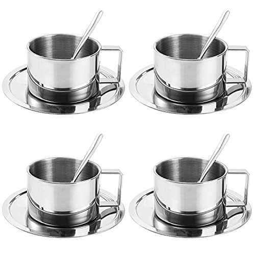 ZENFUN 4 Pack 6.8 oz Coffee Cups Set, Stainless Steel Espresso Cup with Saucer and Spoon, Double Walled Coffee Mugs Drinkware for Latte, Cappuccino, Milk, Tea | Amazon (US)