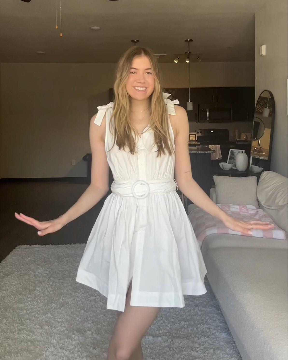Size small, bow tie white flowy dress, love the ties at the top and synchs the waits very well with the belt! Perfect for bridal events or honeymoon 🤍

#LTKSeasonal #LTKwedding