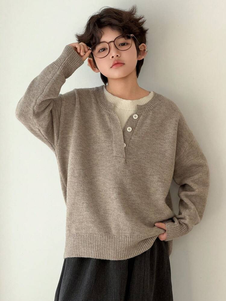 DAZY Tween Boy Button Crew Neck Casual Versatile Long Sleeve Pullover Sweater | SHEIN