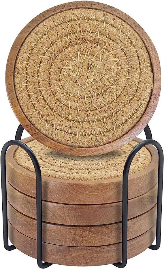 Eykao Coasters for Drinks Absorbent Sets of 5, Woven Coasters with Holder, Wood Coasters for Coff... | Amazon (US)