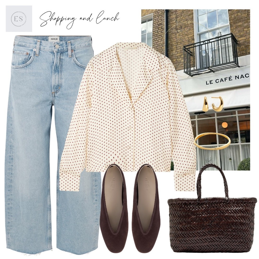 Smart casual Spring jeans outfit. 

Polka dot silk blend twill blouse, dark brown suede ballet flats, dark brown leather woven mini bag, light blue high rise wide leg jeans, minimal gold chain necklace, curved gold hoop earrings, gold bangle. 

#LTKuk #LTKspring #LTKjeans