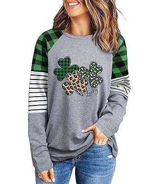 Saint Patricks Day Shirts Women Funny Plaid Long Sleeve St Patricks Day Outfits Tee Tops | Amazon (US)