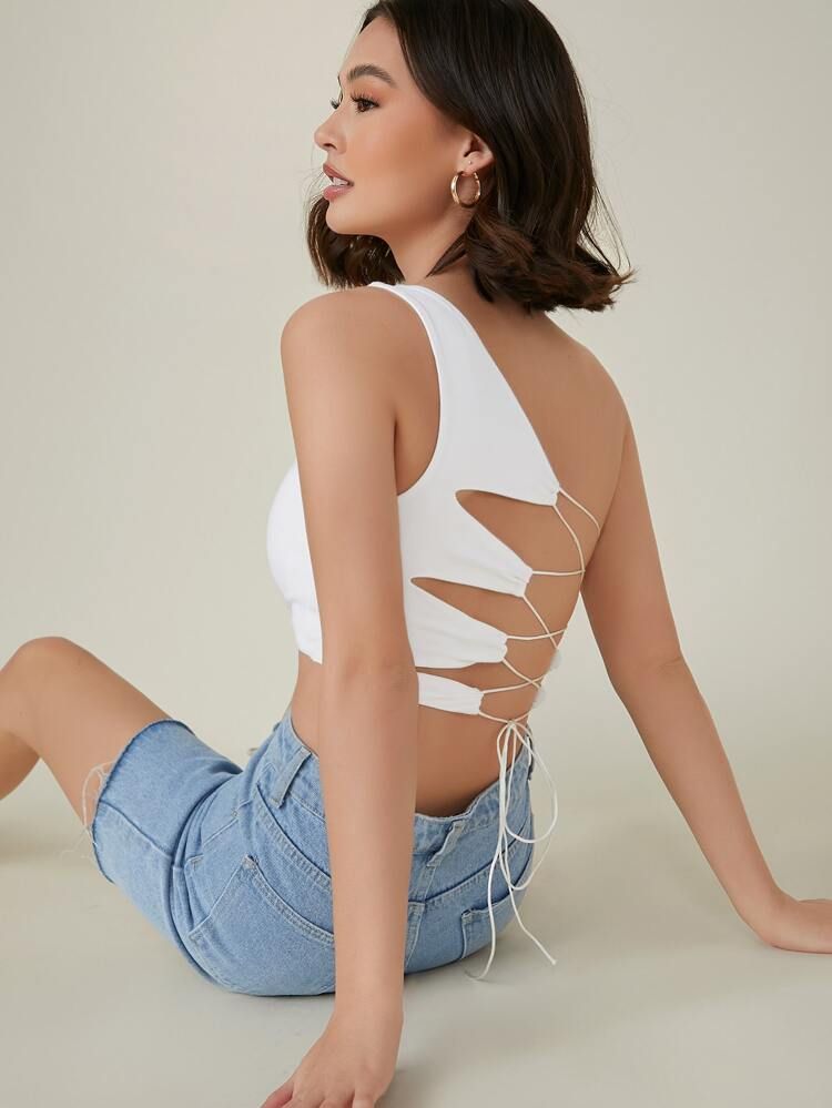 SHEIN BAE Solid Lace-Up Back One-Shoulder Crop Top | SHEIN