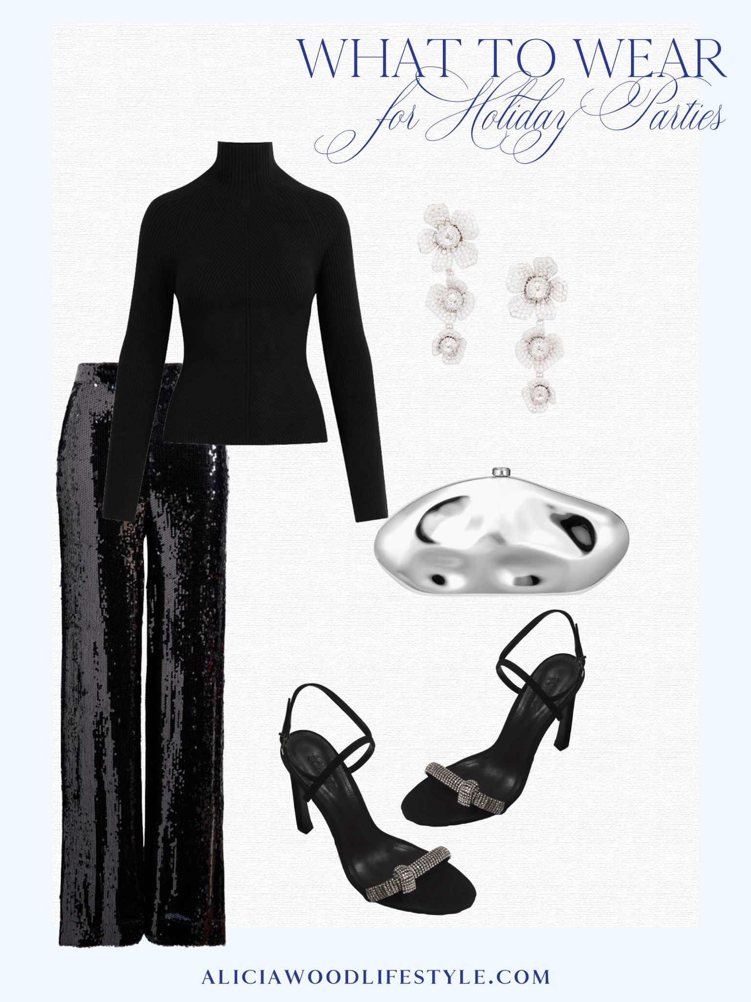 Holiday Party Style 
Black sequin pants
Black turtleneck 
Black crystal sandals
Metallic clutch 
Diamond drop earrings 


#LTKOver40 #LTKStyleTip #LTKHoliday