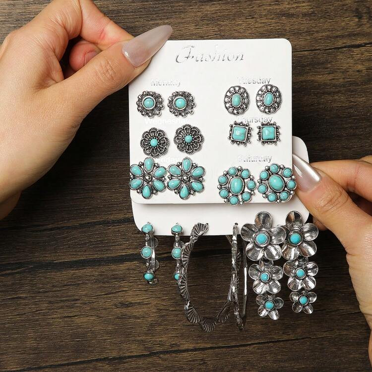 6-18pcs/Set Vintage Bohemian Style Exaggerated Oval Geometric Floral Turquoise Jewelry Set | SHEIN