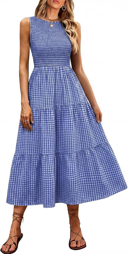 ANRABESS Women's Summer Casual Maxi Dress Sleeveless Crewneck Smocked 2026 Flowy Plaid Tiered Boh... | Amazon (US)