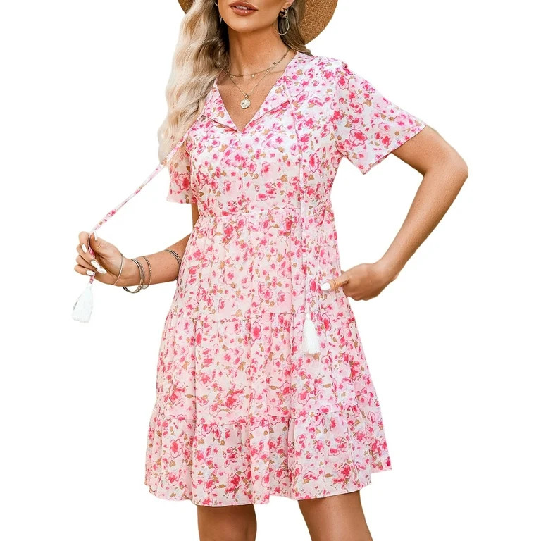 Dokotoo Mini Dresses for Women Boho Floral Loose Mini Dress V Neck Ruffle Summer Dress Short Slee... | Walmart (US)