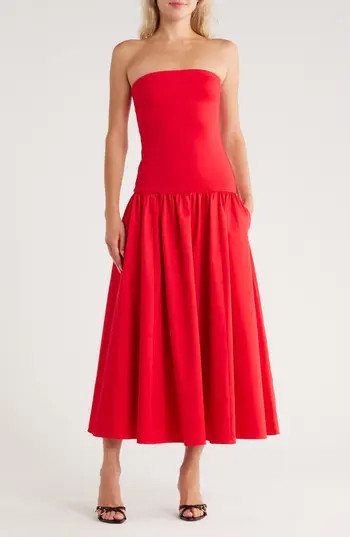 Alice + Olivia Oriana Strapless Mixed Media Maxi Dress in Bright Ruby at Nordstrom Rack, Size 0 | Nordstrom Rack