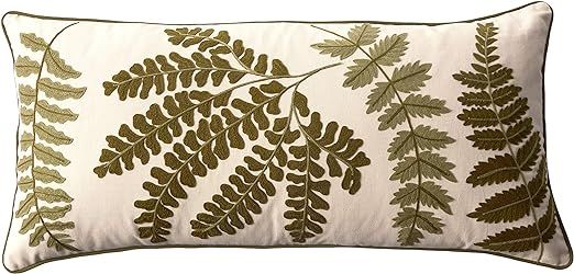 Creative Co-Op White Rectangle Cotton Pillow with Embroidered Green Ferns | Amazon (US)