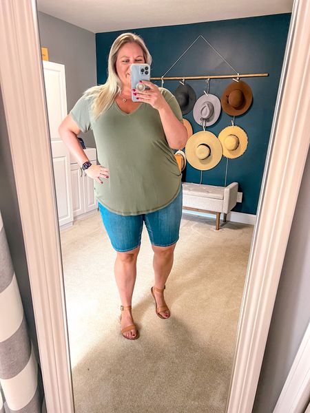 Basic v neck tee with Bermuda shorts outfit and sandals. 

#LTKover40 #LTKSeasonal #LTKstyletip