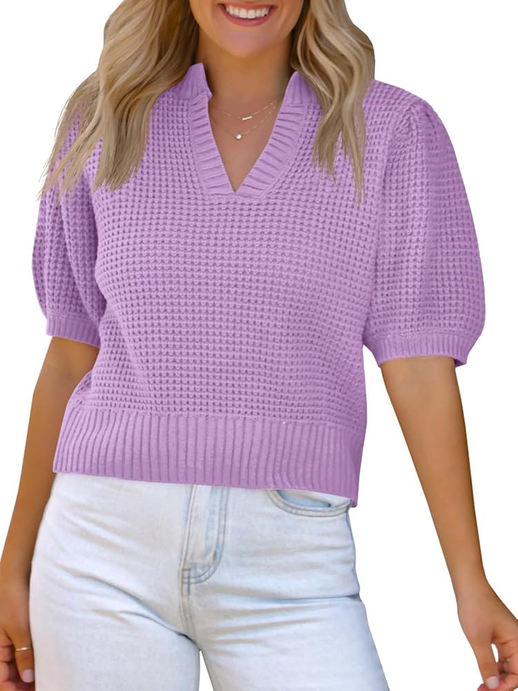 Saodimallsu Womens Puff Short Sleeve Sweater Top Waffle Knit V Neck Spring Summer Cropped Trendy ... | Amazon (US)