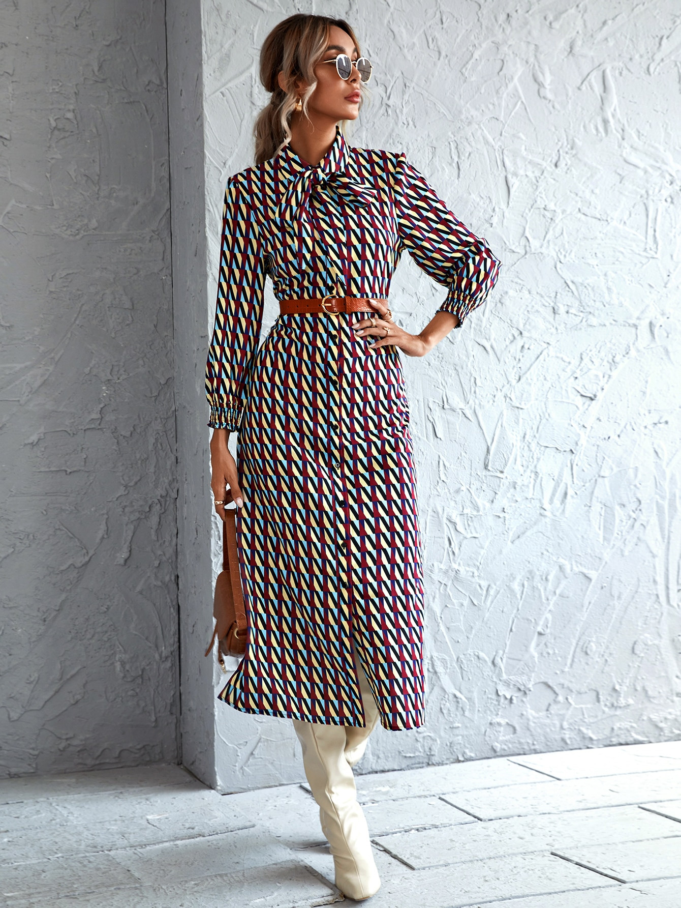 Vestido camisa con estampado de cuello con cordón sin cinturón | SHEIN