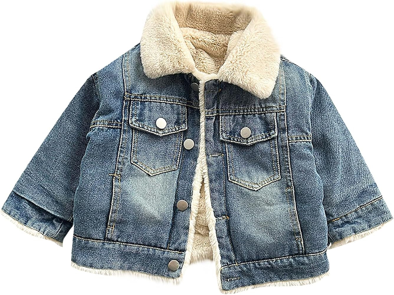 Kids Toddler Fleece-Lined Denim Jackets Button Front Collar Winter Thick Jeans Coats Boys Fuzzy W... | Amazon (US)