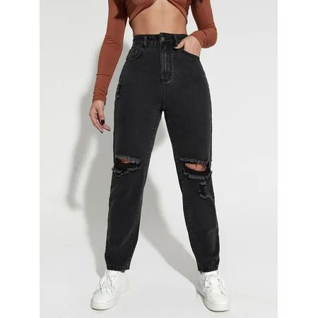 Black Women s High Waist Ripped Mom Jeans 2022 XS(2) L050D | Walmart (US)