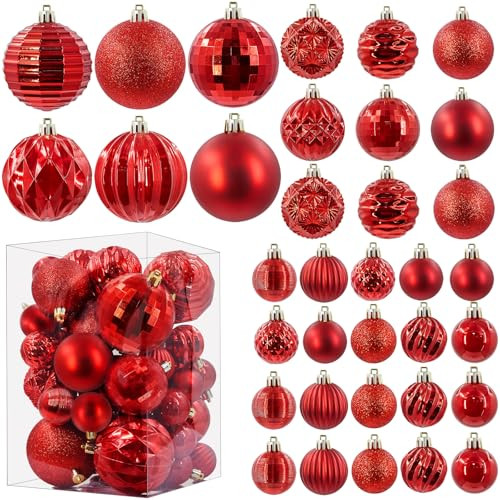 JORNOY 47PCS Christmas Tree Ornaments Sets, Red Shatterproof Plastic Christmas Tree Balls Decorations Xmas Tree Hanging Decor Red Ornaments for Christmas Tree Multi-Styles and 3 Sizes | Amazon (US)