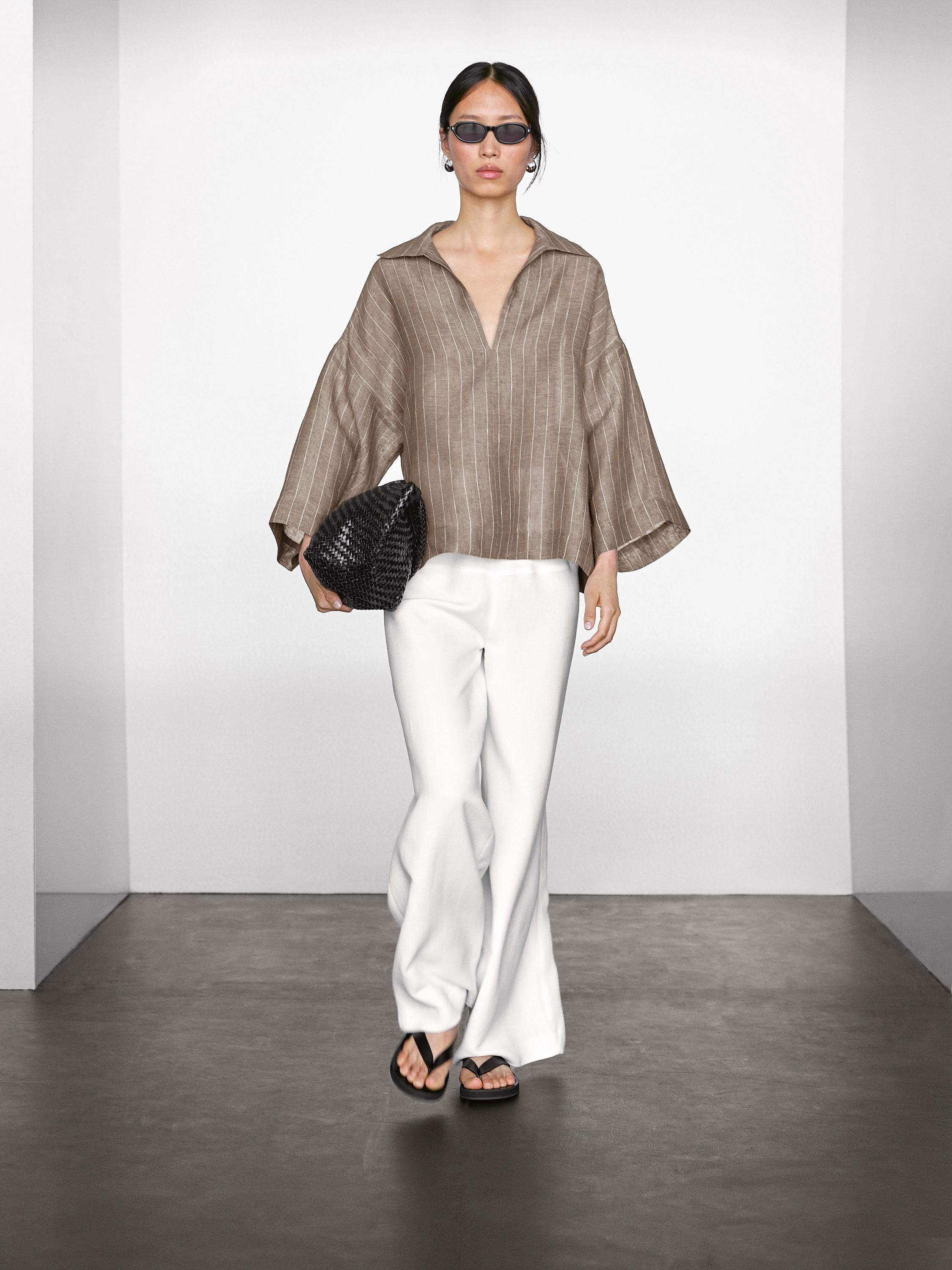 Striped linen open neck blouse | Massimo Dutti UK