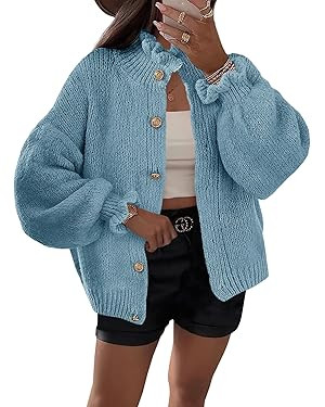 Saodimallsu Womens Ruffle Cardigan Oversized Button Up Fall Trendy Ribbed Knit Open Front Long Sl... | Amazon (US)