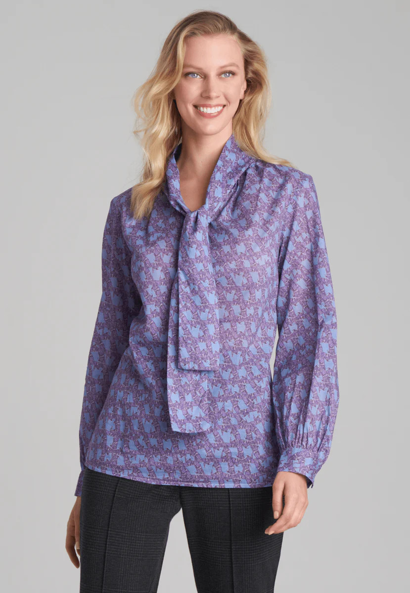 Kimi Cotton Bow Blouse in Sapphire Dancing Birds | Ala von Auersperg