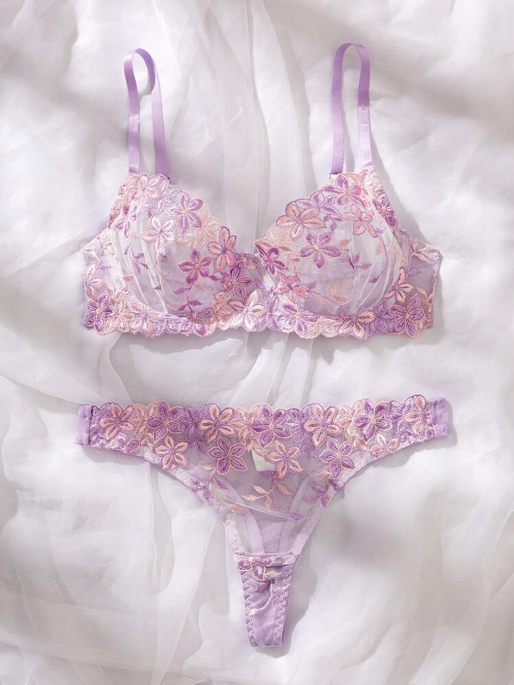Esselle Conjunto De 2 Piezas De Lencería Sexy: Sujetador Con Aros Y Pantie De Color Morado Romántico Para Mujer | SHEIN