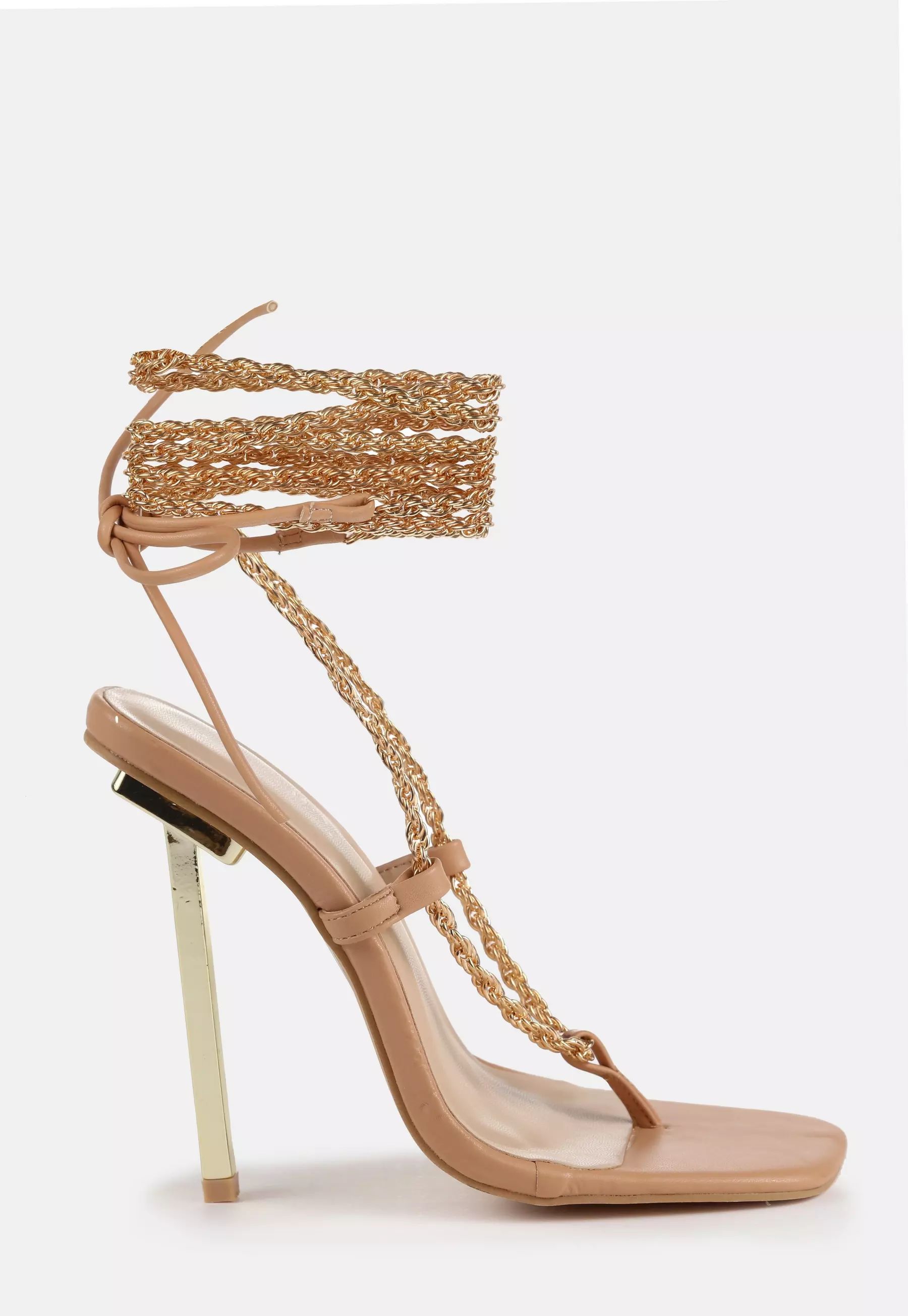 Beige Chain Tie Up Toe Post Heeled Sandals | Missguided (UK & IE)