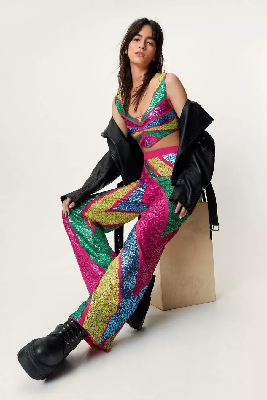 Sequin Colorblock Wide Leg Pants | Nasty Gal (US)