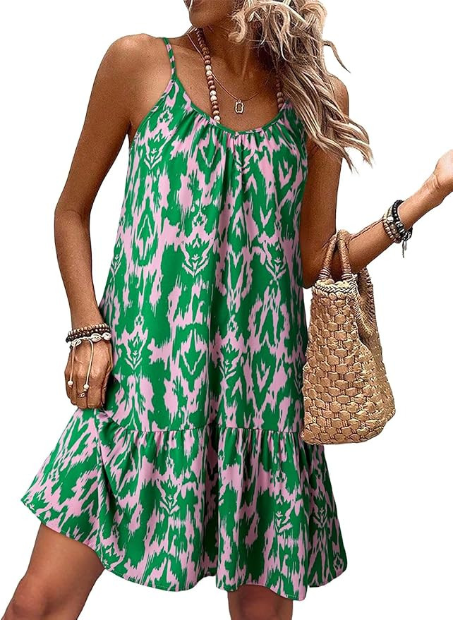 Dokotoo Summer Dresses for Women 2026 Spaghetti Strap Sexy Deep V Neck Smocked Ruffle Flowy Boho ... | Amazon (US)