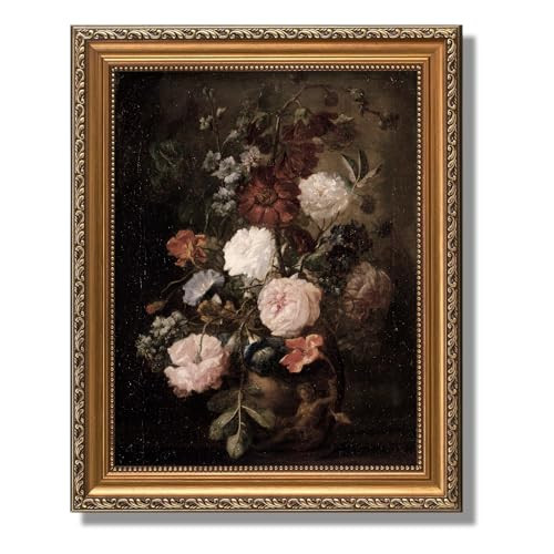 ASTRDECOR Framed Vintage Floral Wall Art, Moody Dark Flower Print, Antique Botanical Oil Painting, Rustic Country Canvas Wall Decor for Living Room Bedroom Shelf, 9x12 inches | Amazon (US)