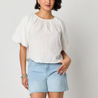 new!a.n.a Tall Womens Round Neck Elbow Sleeve Blouse | JCPenney