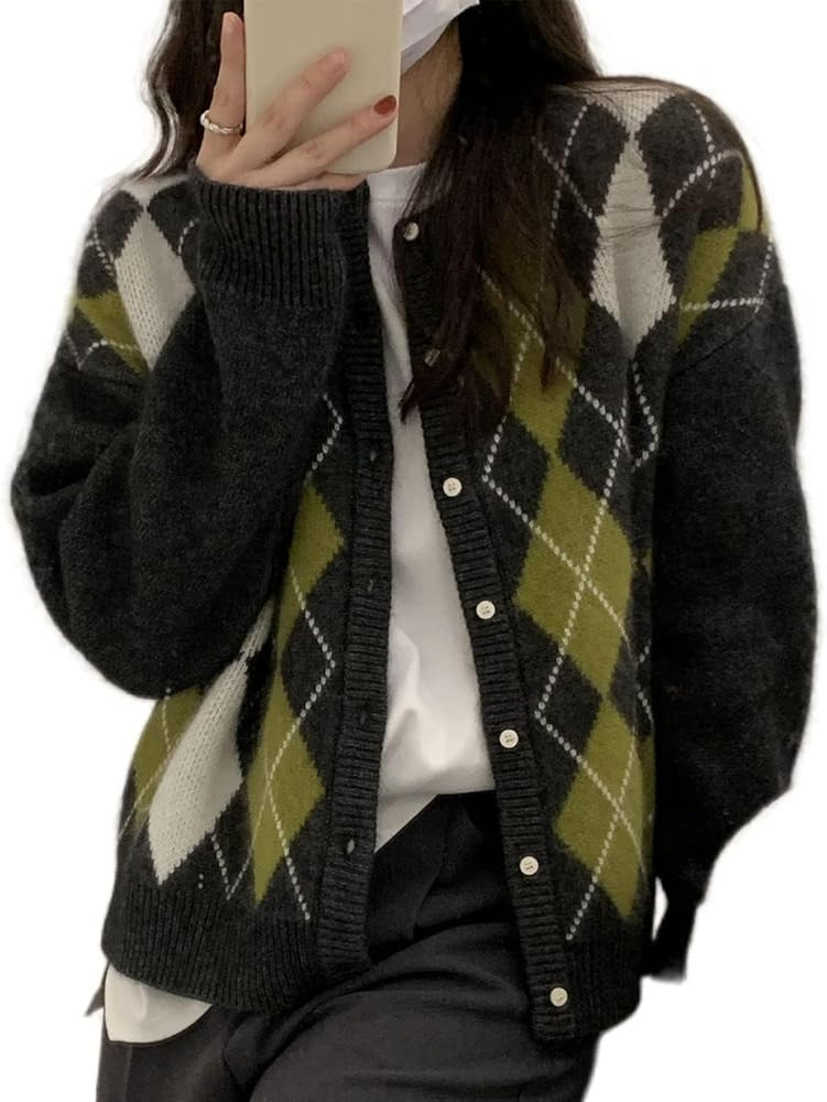 Trendy Fall Sweater for Women 2025 Grunge Argyle Plaid Preppy Y2K E-Girl Cardigan Chunky Knit Vin... | Amazon (US)