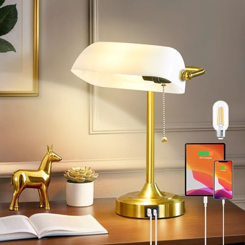 Vintage Desk Lamp Bankers Lamp - Retro Table Lamp with USB & Type C Charging Ports Traditional Pull Chain Switch Library Lamp for Home Office Nightstand Bedroom Side Table Lamp(T45 Bulb Included) | Amazon (US)