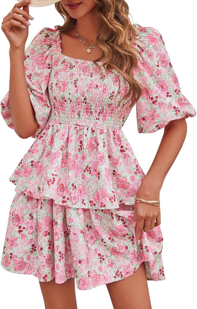 Fisoew Womens Summer Puff Sleeve Chiffon Dress Casual Floral Square Neck Smocked Beach Tiered Min... | Amazon (US)