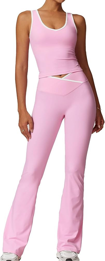 Womens Sexy Two Piece Outfits over Flare Yoga Pants Set Sweatsuits Women's Sports Bra Set | Amazon (US)