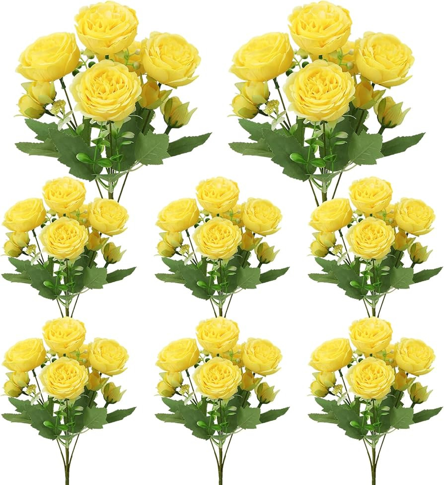 8 Pack Yellow Peonies Artificial Flowers, Fake Silk Hydrangea Bouquet for Bridal Wedding Home Tab... | Amazon (US)