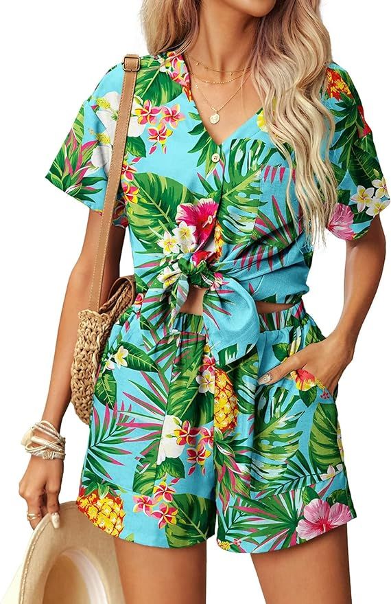 Ekouaer Womens Hawaiian 2 Piece Outfit Short Sleeve Button Down Shirt and Shorts Tracksuit Lounge... | Amazon (US)