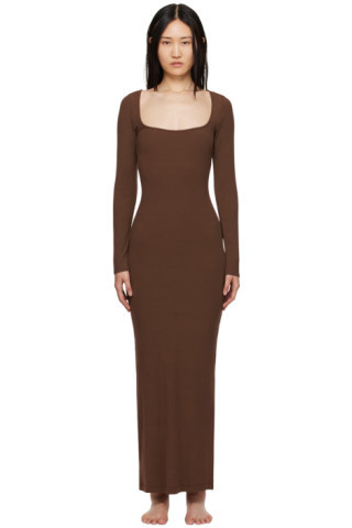 SKIMS - Brown Soft Lounge Long Sleeve Maxi Dress | SSENSE